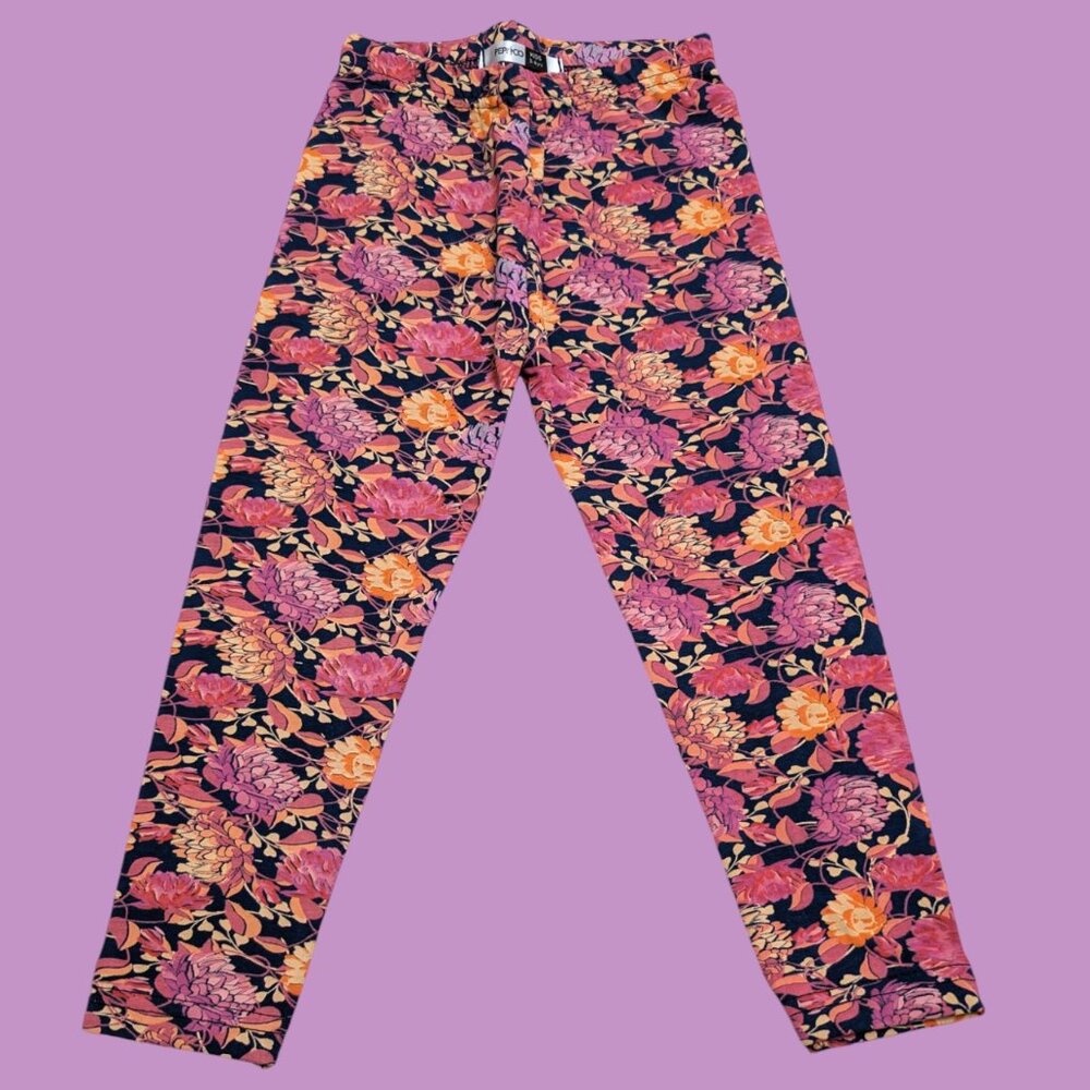 Pepco Full length Soft Cotton leggings Skinny Fit NavyBlue with Pink Floral NWOT